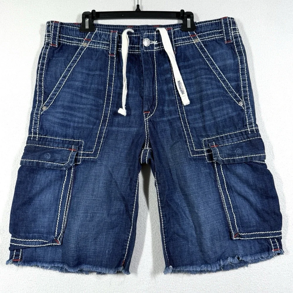True Religion Cargo Shorts Men 36 Big T Red Stitch Denim Cut Off Drawstring Jean